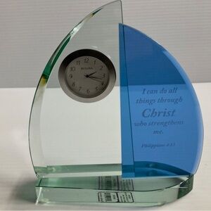 Bulova Windswept lll Tabletop Glass Sailboat Clock with Christian Theme